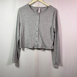 Auden Womens Gray Ribbed Button Front Cropped Cardigan Sleep Top XS NWT